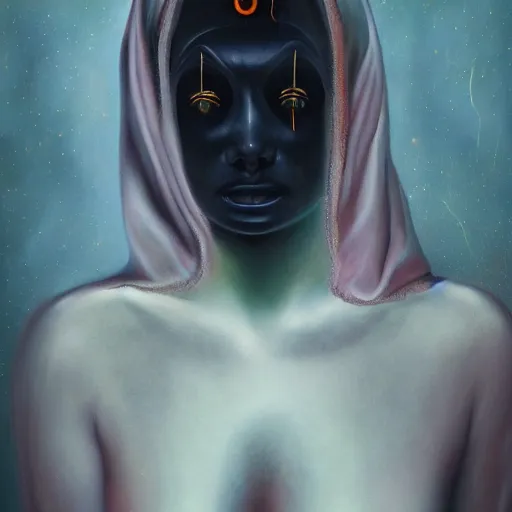 Image similar to gorgeous robed cult girl performing realism third eye ritual, dark theme night time, expanding electric energy waves into the ethereal realm, epic surrealism 8k oil painting, portrait, perspective, high definition, post modernist layering, by Sean Yoro-H 777