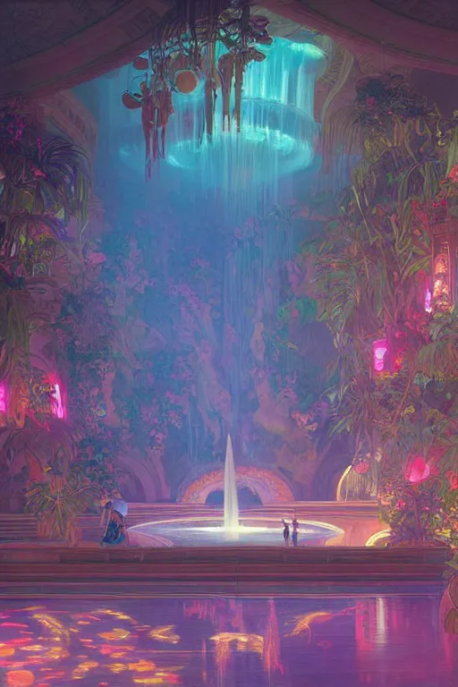 Prompt: Concept Digital Art Highly detailed Vaporwave Art Deco Cybertron lazy river inside of the Palace of the Primes with glowing pink water at night by greg rutkowski, Ilya repin, alphonse mucha, and Edmund Blair Leighton. Very highly detailed 8K, octane, Digital painting, the golden ratio, rational painting, sharp