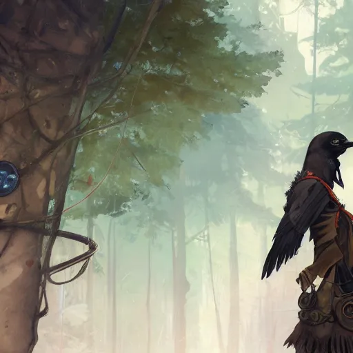 Image similar to concept art painting of a person with a head of a crow, with steampunk clothes, in the deep forest, realistic, detailed, cel shaded, in the style of makoto shinkai and greg rutkowski and james gurney