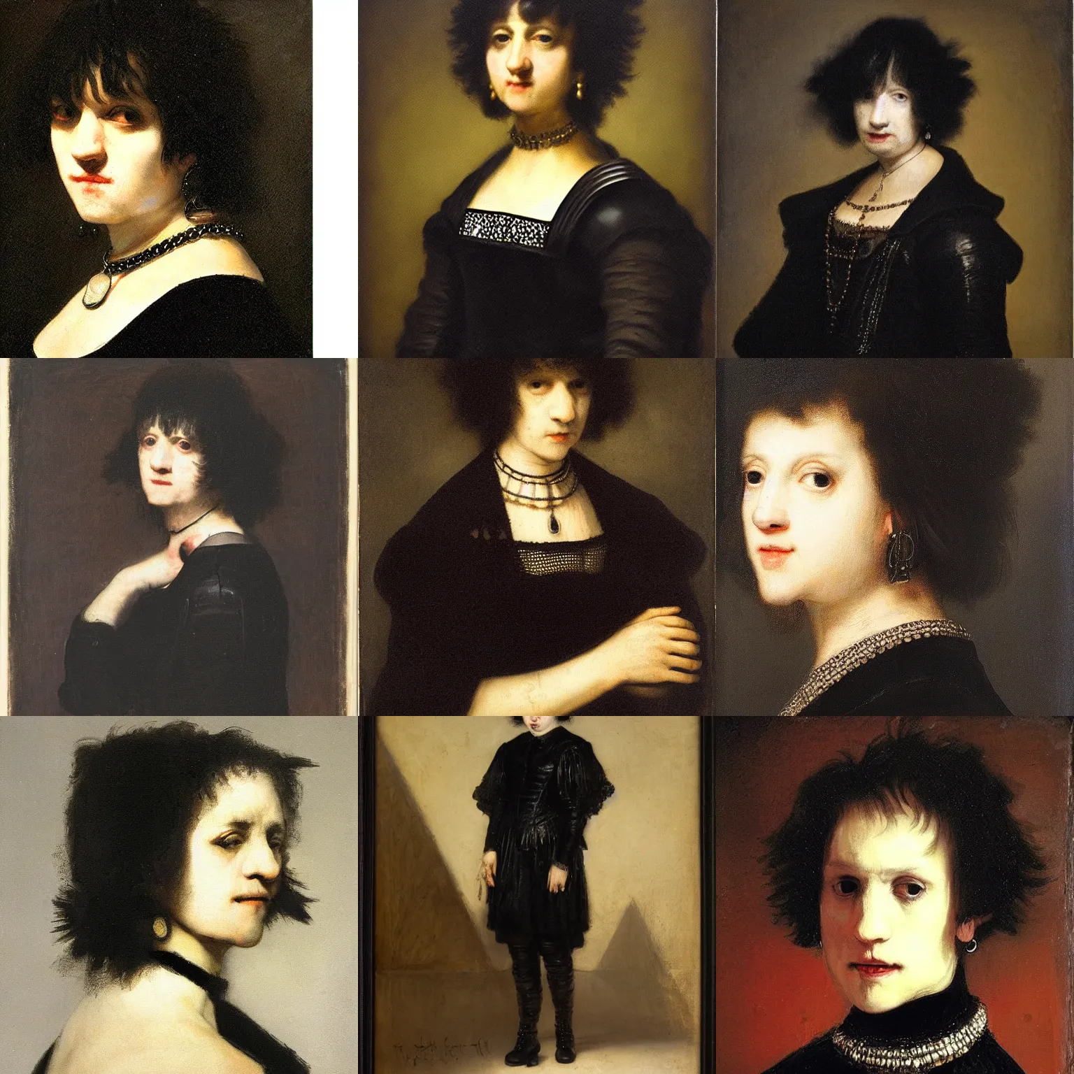 Prompt: an emo portrait by rembrandt. her hair is dark brown and cut into a short, messy pixie cut. she has large entirely - black evil eyes. she is wearing a black tank top, a black leather jacket, a black knee - length skirt, a black choker, and black leather boots.
