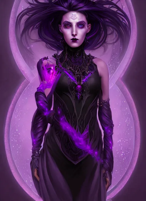 Image similar to a beautiful cinematic female Necromancer Sorceress, galatic shamen with Quantum energy fantasy, fantasy magic, short purple black fade hair, undercut hairstyle, dark light night, intricate, elegant, sharp focus, illustration, highly detailed, digital painting, concept art, matte, art by WLOP and Artgerm and Greg Rutkowski and Alphonse Mucha, masterpiece