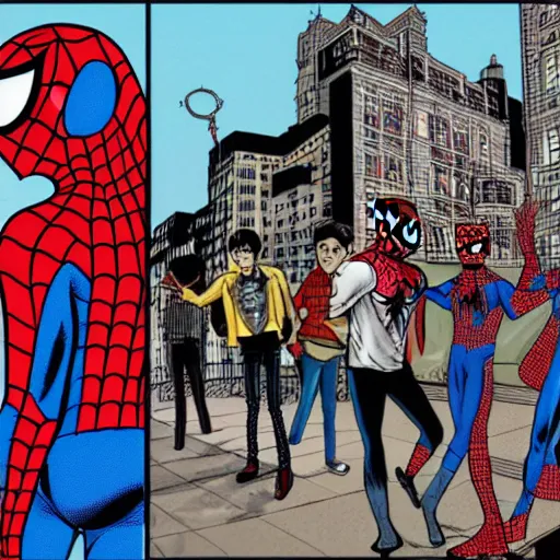 Image similar to spider man meets the beatles, comic, hd, 4 k, intricate detail