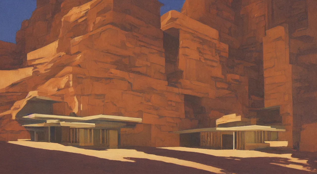 Image similar to chiaroscuro gouache by james gurney. building designed by frank lloyd wright. dune palace.