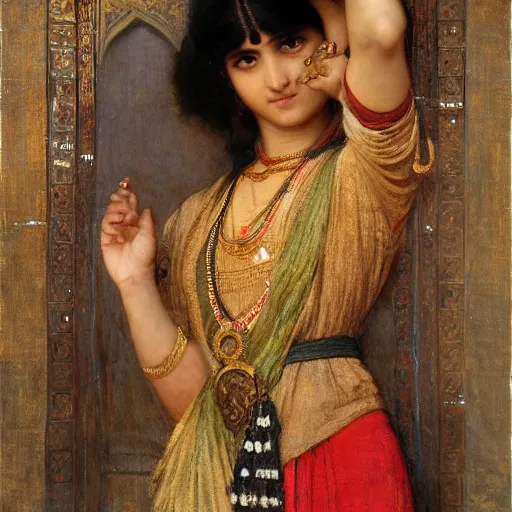 Prompt: orientalist portrait of an indian woman with thick black bangs selling carpets at market intricate artwork by john william waterhouse and Edwin Longsden Long and Theodore Ralli and Henryk Siemiradzki. trending on artstation, very coherent symmetrical artwork high detail 8k