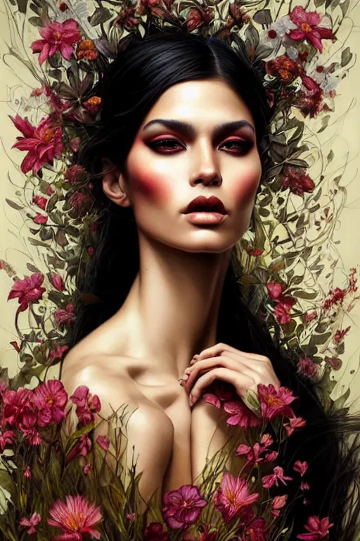 Prompt: portrait dark latina supermodel with floral background by karol bak, artgerm, moebius, elena masci, tom bagshaw : : portrait, illustration, photorealism, hyperrealism