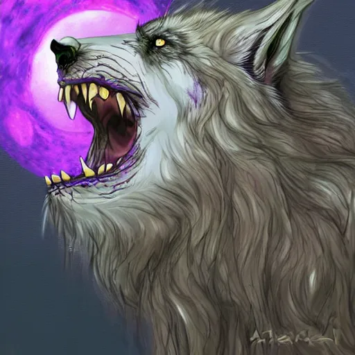 Image similar to a purple werewolf howling into a full moon, in the style of ayami kojima, realistic digital painting, very detailed