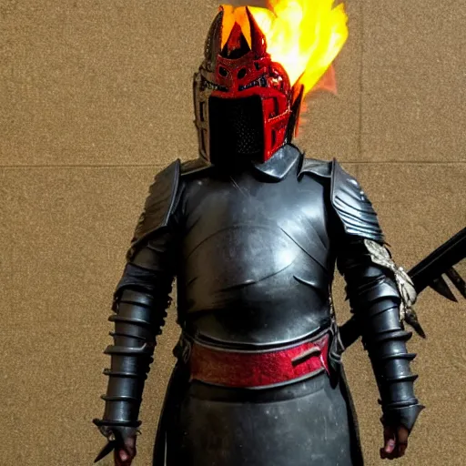 Image similar to a black knight in shining armor, a terrible mask on his face, eyes burning with red fire. a boy is standing next to him and he has a sword in his hands