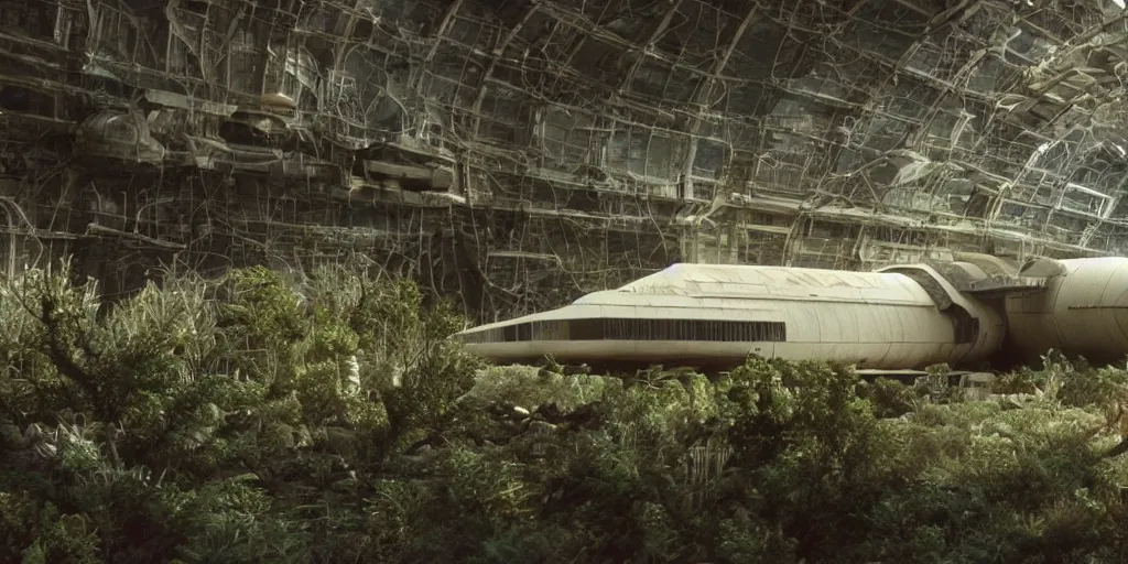 Prompt: film still of a space freighter hangar, desolate mining planet, aerodynamic parked space ship, ridley scott, overgrown with dusty plants, beige light, screenshot from a 1 9 8 0 s sci - fi film,