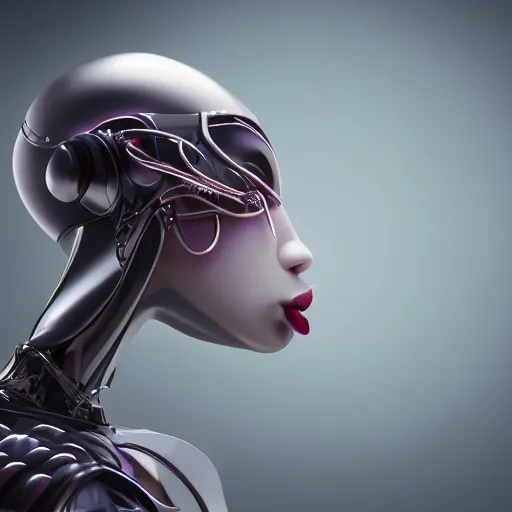 Image similar to kiss of the sweet flirty gynoid, octane, cgi, highly detailed, photorealistic,