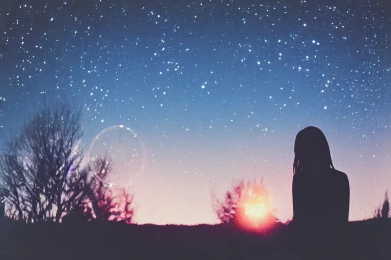 Image similar to blured shadow of sleepy young woman on white light, focused background blue night sky with stars and orange campfire, polaroid photo