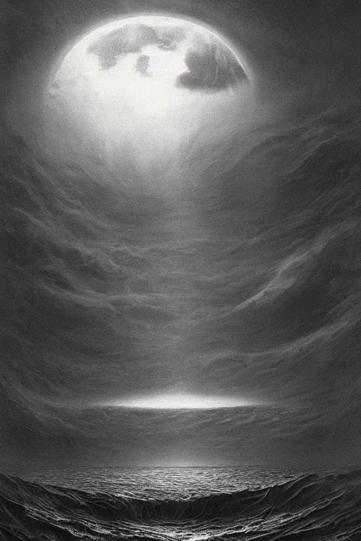 Image similar to A stunning detailed Shoggoth by Zdzisław Beksiński, stormy ocean, beautiful lighting, full moon, detailed swirling water tornado, artstation