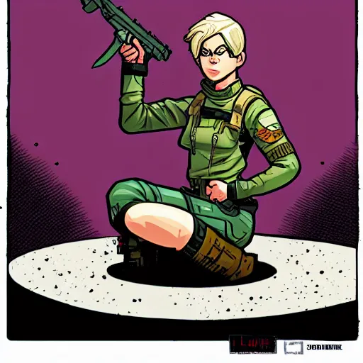 Prompt: tank girl sitting alone on top of the tank, holding a granite luncher. smiling. laurie greasley,