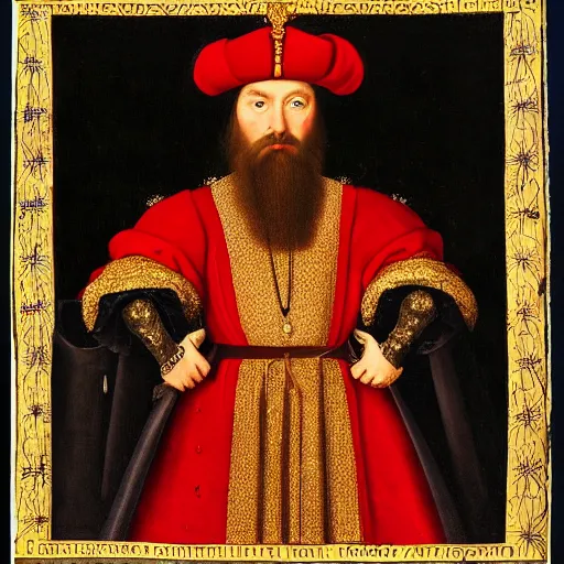 Image similar to Official royal portrait of a king, middle ages, full body, front facing, ominous, black beard, wearing royal crown, dark red embellished tunic, dark background, highly realistic, hans holbein, highly dramatic