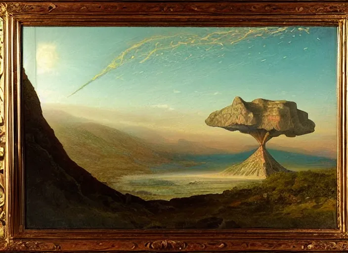 Image similar to earth during the cretaceous – paleogene extinction event, just as the asteroid is colliding with earth, focus is on the asteroid itself in the style of hudson river school of art, oil on canvas