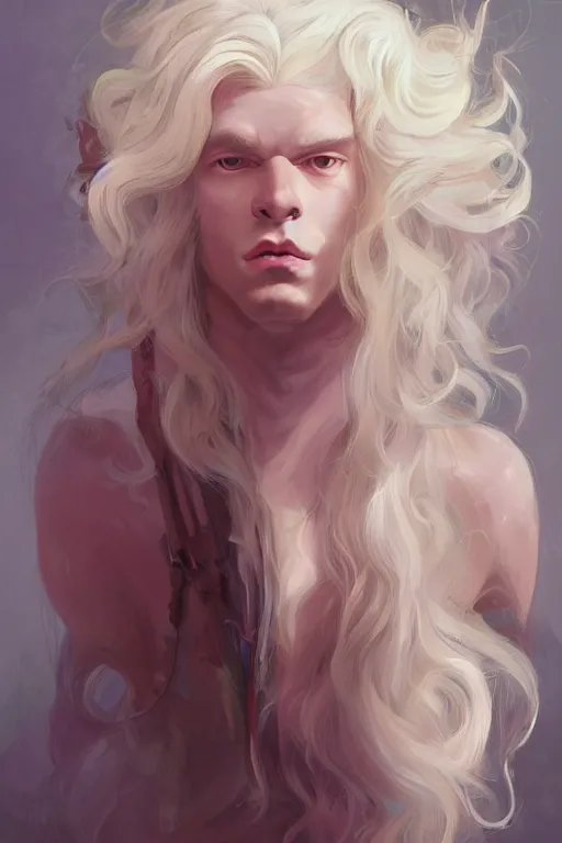 Image similar to prompt portrait of a beautiful androgynous blond man, albino pale white skin and long fluffy curly blond hair, Center parted curtain bangs, close up view, head and upper body, looking upward, fullface, light from above, by Peter Mohrbacher, trending on artstation, 8k