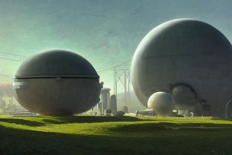 Prompt: an impressive science fiction big factory with a spherical architecture designed by boeing military and star wars with fat cables and pipes at its base, on a beautiful green hill in a the french countryside during spring season, painting by studio ghibli backgrounds and louis remy mignot hd, nice lighting, smooth tiny details, soft and clear shadows, low contrast, perfect