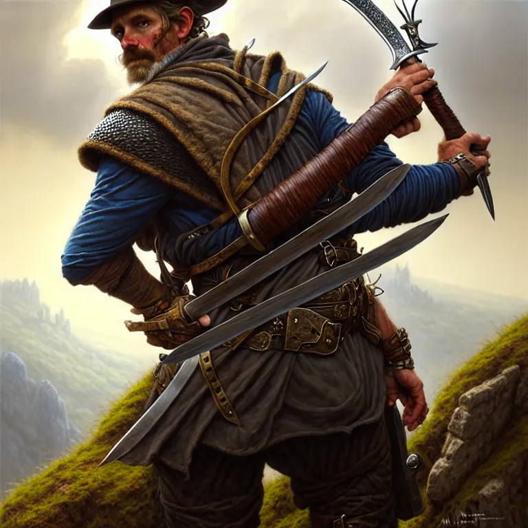 Image similar to middle age ranger with rugged expressions falcon pet on his shoulder holding a high detailed long sword, top a cliff observing old ruins of a castle, elegant clothing, photorealistic render, matte painting, highly detailed, artstation, smooth, sharp focus, art by michael whelan, artgerm, greg rutkowski