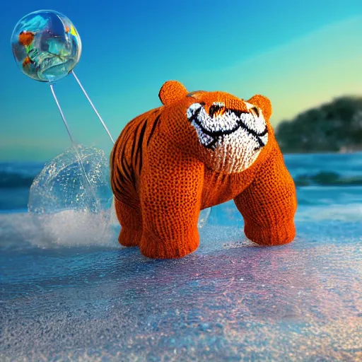 Image similar to a closeup photorealistic photograph of a cute smiling knitted tiger hippopotamus chasing a beachball at sunset. surf in the background. professional capture. this 4 k hd image is trending on artstation, featured on behance, well - rendered, extra crisp, features intricate detail, epic composition and the style of unreal engine.