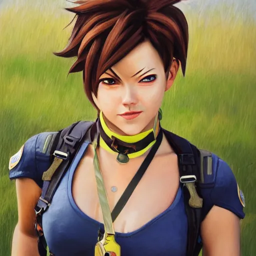 Prompt: oil painting of tracer overwatch in a field wearing tall steel choker around neck, in style of mark arian, expressive face, detailed face, detailed eyes, full body, feminine face, tracer overwatch,