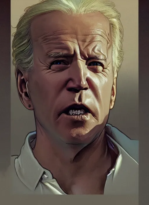 Prompt: Joe Biden as a transgender woman, maniac look, rainbow hair, ugly, gross, realistic, beta male, accurately portrayed, portrait art by alphonse mucha and greg rutkowski, highly detailed, digital painting, concept art, illustration, dim lighting with twilight rays of sunlight, trending on artstation, very detailed, smooth, sharp focus, octane render, close up