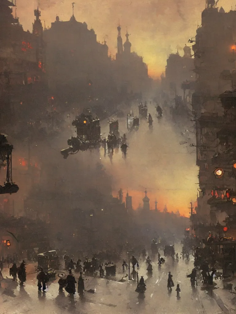 Prompt: a large dieselpunk city street at dusk in russia during the 1 9 1 0 revolution, craig mullins, winslow homer