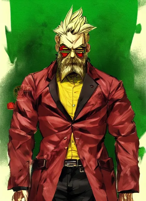 Image similar to Full body portrait of an old muscular man with blonde hair and beard red, green and gold jacket. In style of Yoji Shinkawa and Hyung-tae Kim, trending on ArtStation, dark fantasy, great composition, concept art, highly detailed.