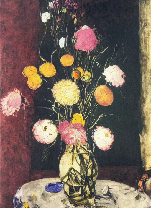 Image similar to a surreal painting of a breakfast still life, vase of flowers, by George Baselitz, symbolist, soft colors, dramatic lighting, smooth, sharp focus, extremely detailed, textured, aesthetically pleasing composition