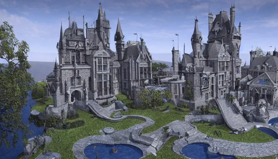 Prompt: Neo-Gothic castle with an oval pool built in the center, hyperdetailed, artstation, cgsociety, 8k