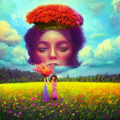 Image similar to girl with a huge flower as a face, surreal photography, dream, standing in flower field, hills, big trees, sunrise dramatic light, impressionist painting, colorful clouds, digital painting, pointillism, artstation, simon stalenhag, flower face