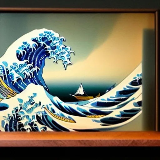 Prompt: a blown glass sculpture of a wave on a table in the style of the great wave off kanagawa, texture by ivan aivazovsky!!!