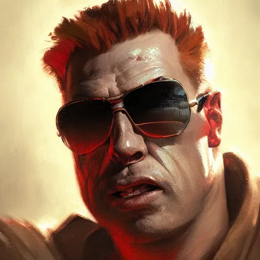 Image similar to a closeup portrait of duke nukem, dramatic lighting, chiaroscuro, high detail, painted by greg rutkowski, painted by igor kieryluk, painted by bobby chiu, trending on artstation