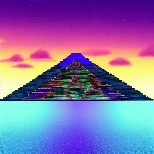 Image similar to neon mayan pyramids viewed from a lake,retrowave art,cyberpunk,trending on deviant art