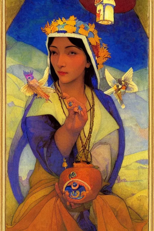 Image similar to queen of the dawn with her lantern and birds, by Nicholas Roerich and Annie Swynnerton, elaborate headdress and embroidered velvet, iridescent beetles, rich color, dramatic cinematic lighting, extremely detailed