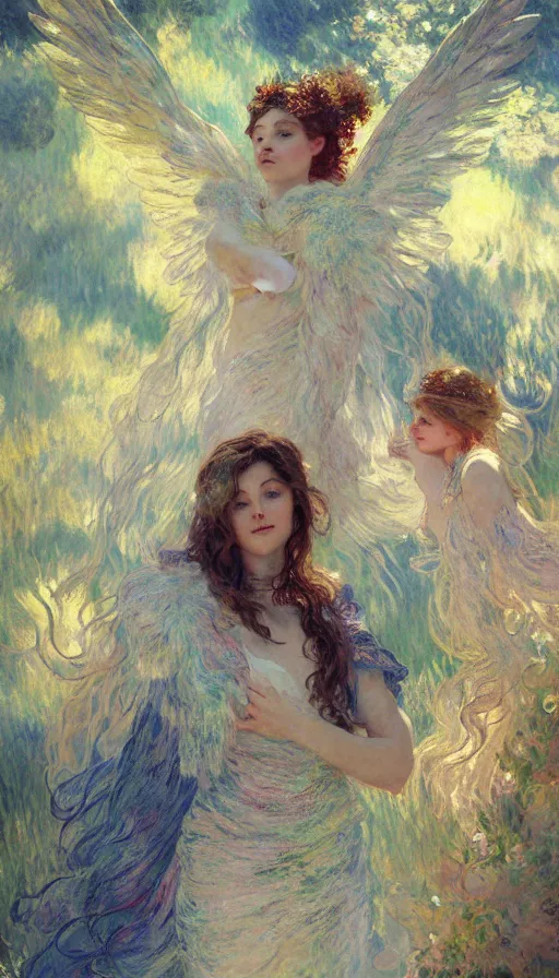 Image similar to illustration studio portrait of three beautiful seraphim female energy in artistic poses in nature, monet painterly motives and textures pattern, hyper detailed, octane render, vivid colors, artstation, by jeremy mann, by alphonse mucha, by monet