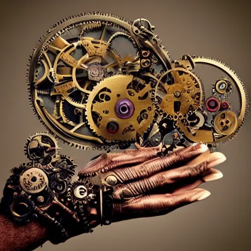 Prompt: hands made of steampunk clockwork