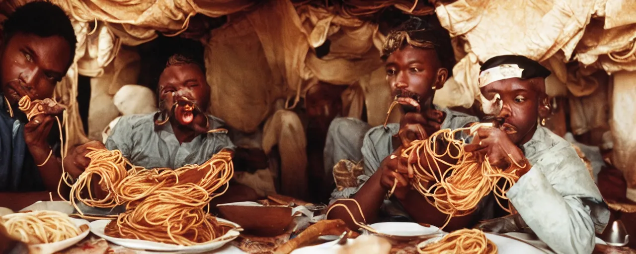 Image similar to vasco da gama sailing around africa, eating spaghetti, small details, intricate, canon 8 0 mm, cinematic lighting, wes anderson film, kodachrome