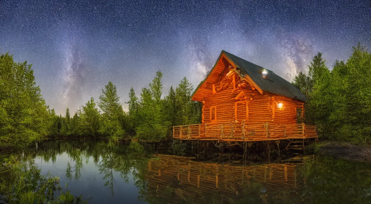 Prompt: A photo of a cabin next to a pond at nighttime, the Milky Way and stars are above, the stars are reflected in pond , 4K high quality, high detail, high definition award winning photo.