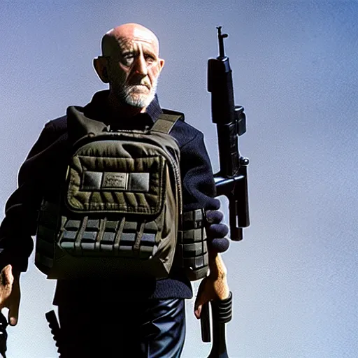 Image similar to Film Still of Mike Ehrmantraut carrying a sniper rifle and wearing a bulletproof vest, 4k, highly detailed, centered