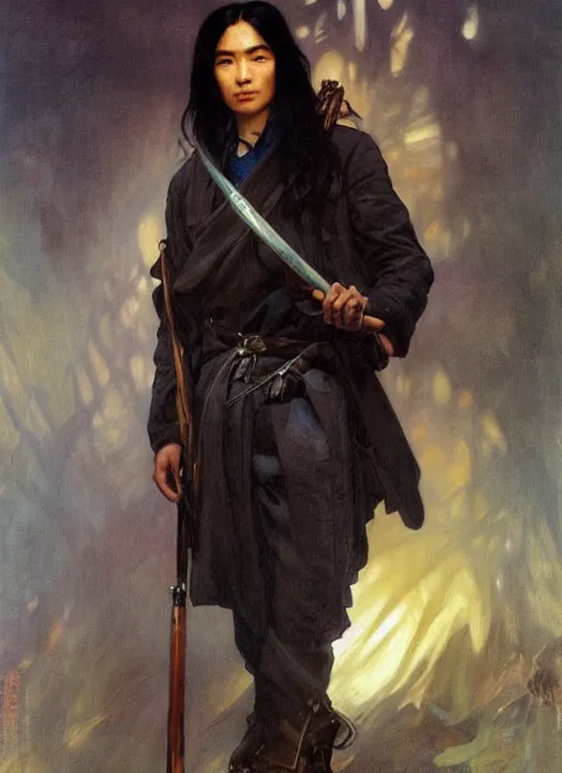 Prompt: a young asian man with tanned skin and long wavy black hair. he has an intense expression, is wearing a long blue military style coat and holding a spear. portrait painting by artgerm and greg rutkowski and alphonse mucha