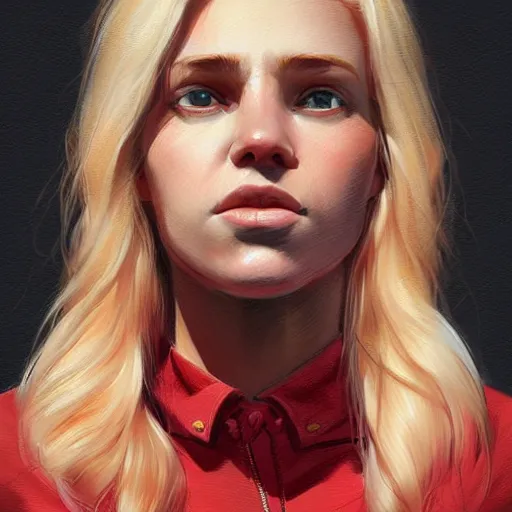 Image similar to portrait of a half blonde woman half pig with red shirt ,digital art,photorealistoc,art by greg rutkowski,hyperdetailed,western comic style,comic,comic style,sharp lineart,professional lighting,deviantart,artstation,trevor henderson,rossdtaws,cinematic,dramatic