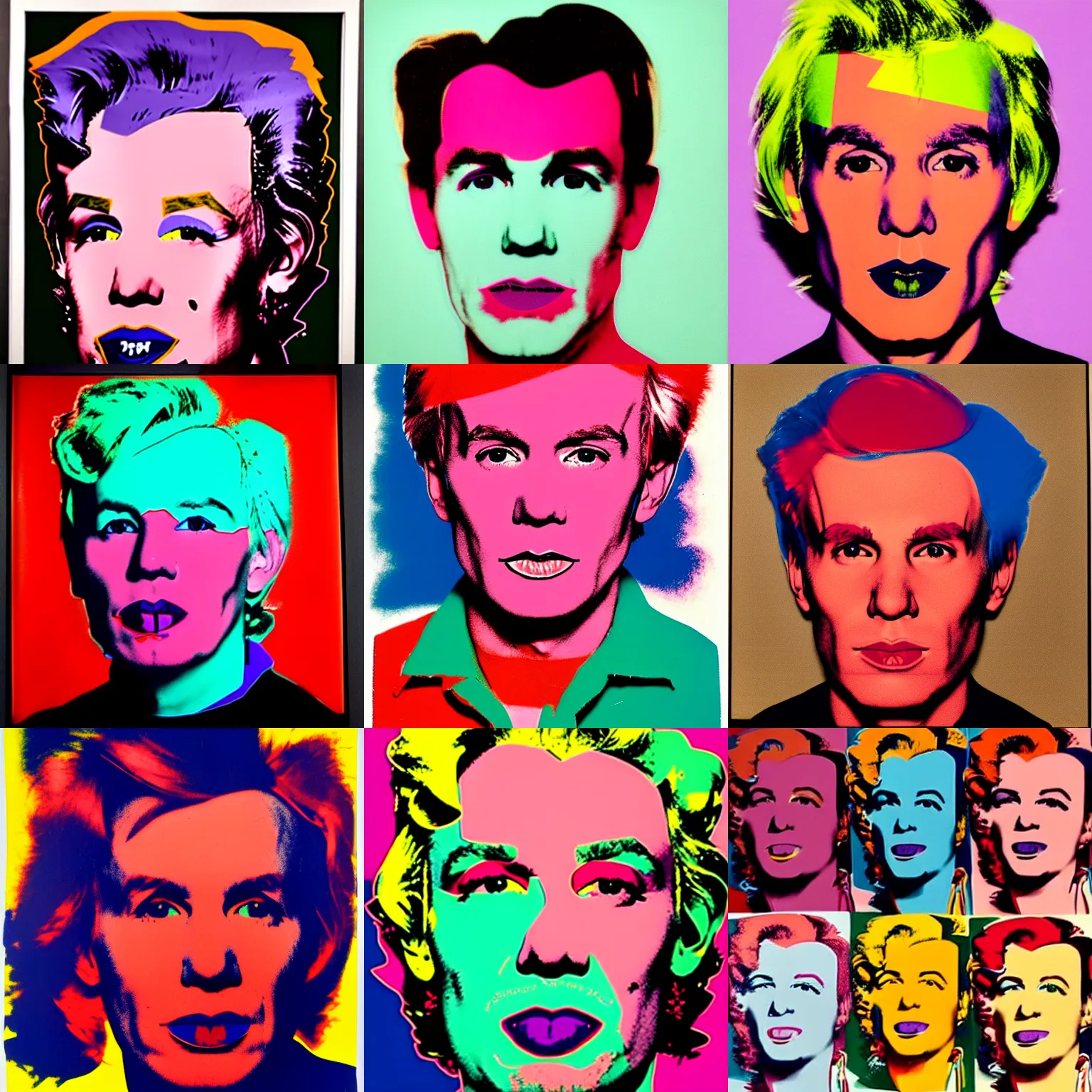 Prompt: colour portrait of vein! andy warhol, 30 years old, who looks straight into the camera, with shoulders visible in the frame. in the style of andy warhol