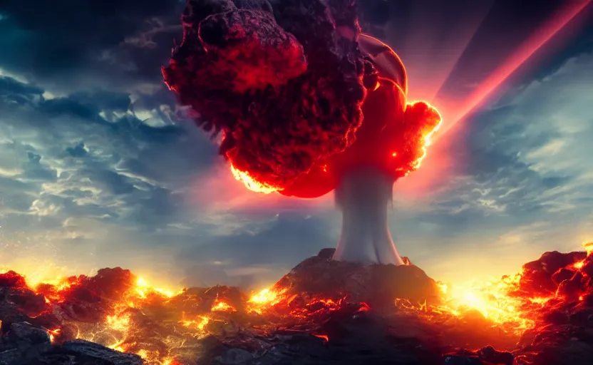 Prompt: skull shaped nuclear explosion of blood, cinematic shot, dramatic volumetric lighting, epic composition, 4K Ultra HD