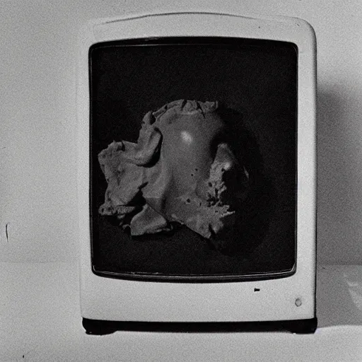 Image similar to creature made of a black gooey substance with the head of a TV, grainy photo