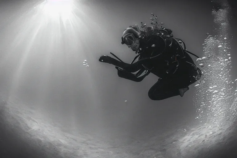 Image similar to a ominous scuba diver swimming underwater, photo-realistic low lighting, creepy, vast, shot by a camera,