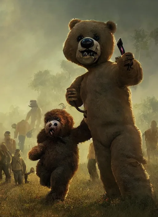 Image similar to a teddy bear fights off zombies to protect a crying child, portrait, dramatic lighting, cinematic, establishing shot, extremly high detail, photo realistic, foto realistic, cinematic lighting, post processed, concept art, artstation, matte painting, style by eddie mendoza, raphael lacoste, alex ross