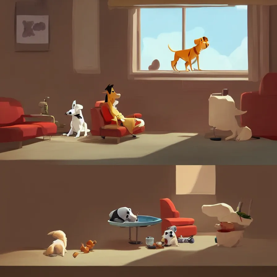 Image similar to Goro Fujita illustrating A dog on a sofa staring at the food dish under the window in the living room, art by Goro Fujita, sharp focus, highly detailed, ArtStation