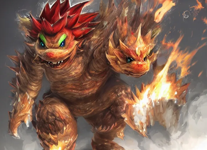 Prompt: detailed concept art of a huge giant bowser by cheng yi and luolin, aartstation, artstationhd, detailed scales, spiky and red hair tuft. bowser, bowser nintendo, koopa, ~ bowser # bowser ( ( mario ) ) bcy. net, realistic. cheng yi, fire breathing. bowser