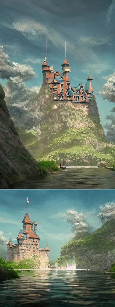 Image similar to a painting of a castle in the middle of a body of water, a detailed matte painting by hayao miyazaki, cgsociety, fantasy art, anime aesthetic, official art, anime