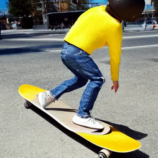 Image similar to a cool lemon riding a skateboard