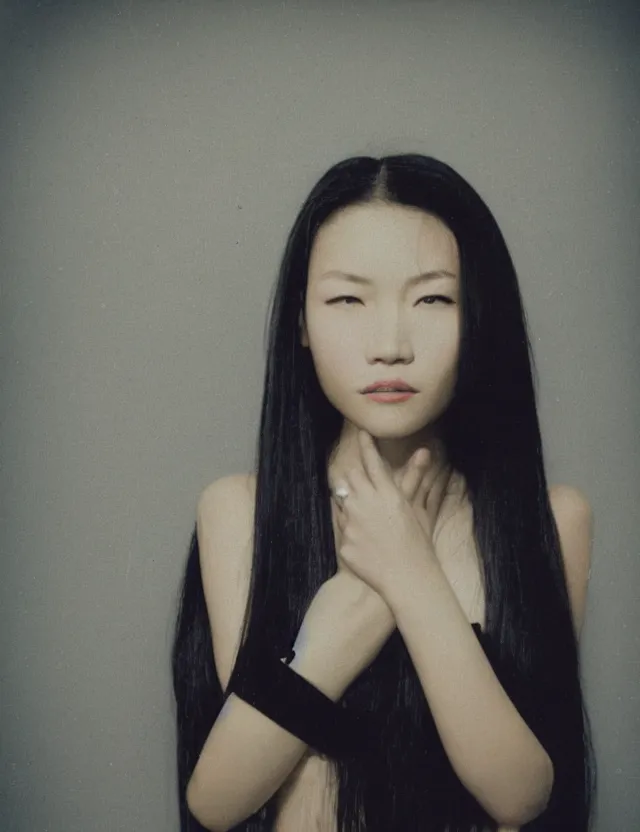 Image similar to polaroid photo with flash, portrait of a asian woman with glossy skin and gel hair in style of matrix, dressed, clothes on, bleached strong lights, kodak film stock, hyper real, stunning moody cinematography, with anamorphic lenses, by maripol, detailed